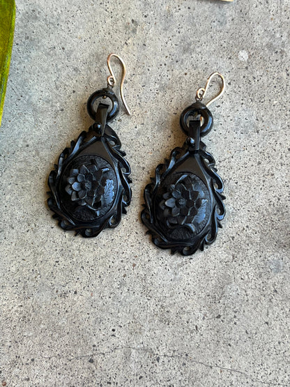 RESERVED | 19th c. Carved Jet Earrings