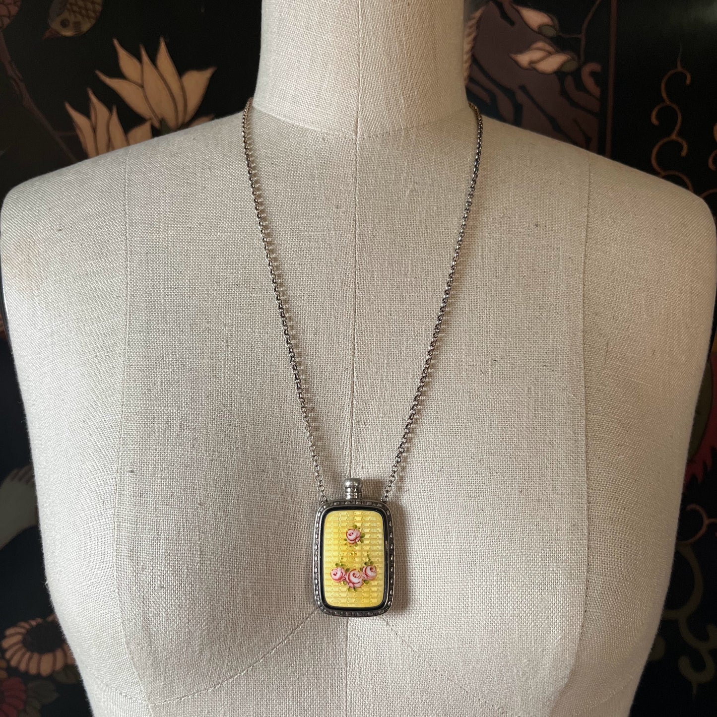 Art Deco Silver Guilloche Enamel Yellow Perfume Bottle Necklace