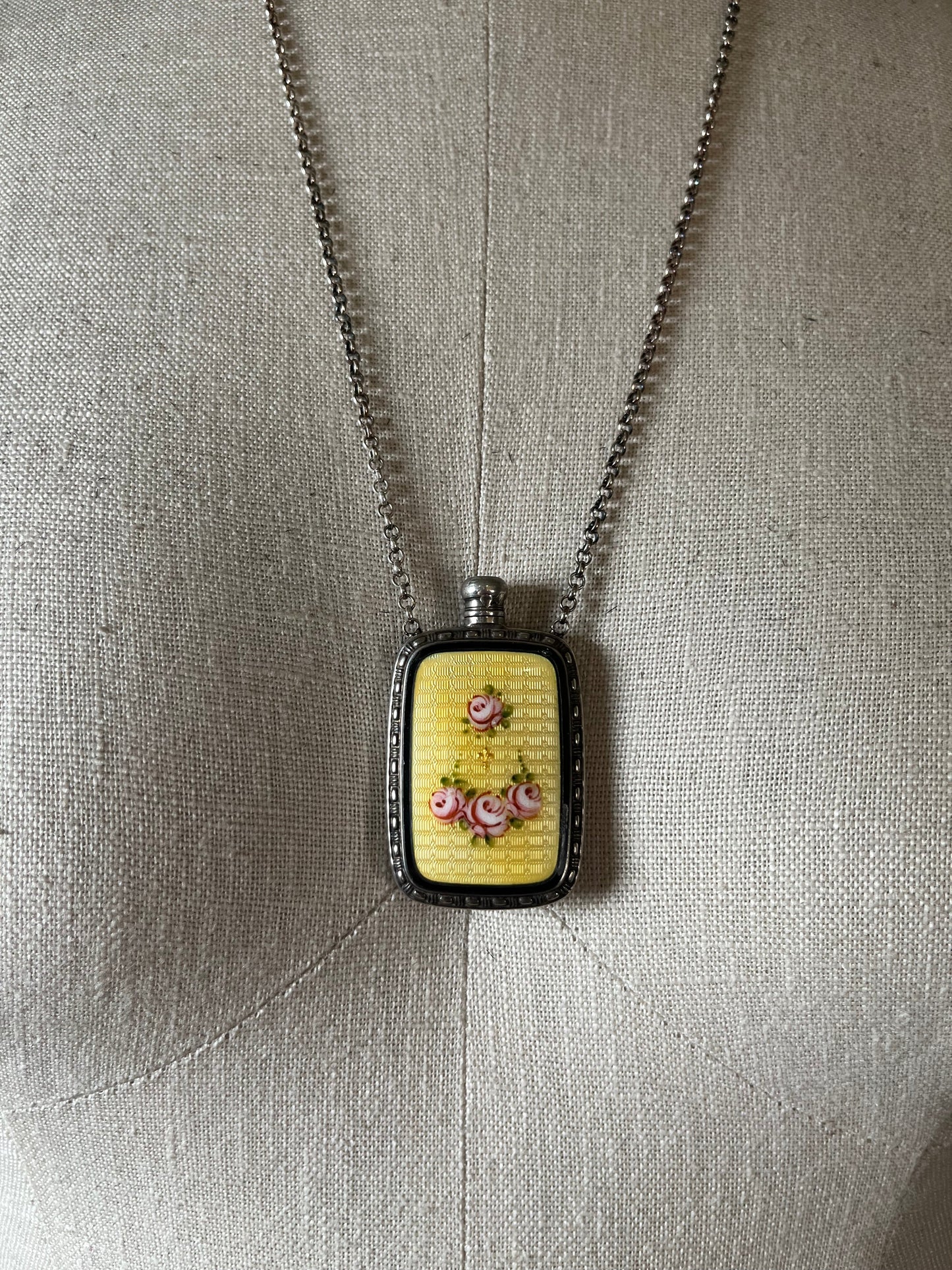 Art Deco Silver Guilloche Enamel Yellow Perfume Bottle Necklace