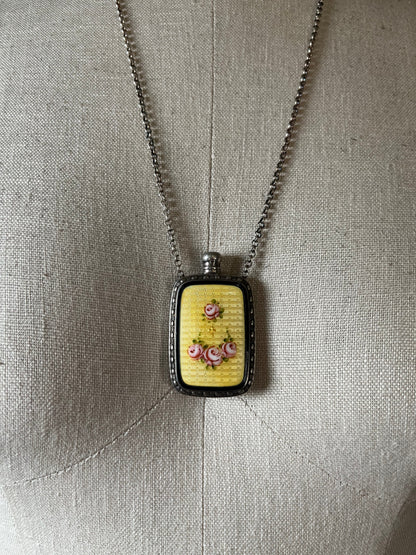 Art Deco Silver Guilloche Enamel Yellow Perfume Bottle Necklace