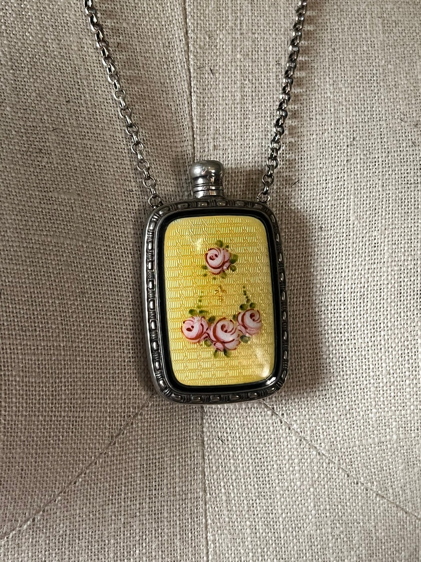 Art Deco Silver Guilloche Enamel Yellow Perfume Bottle Necklace