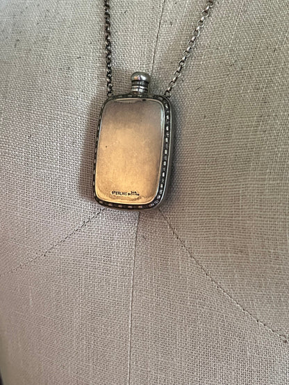 Art Deco Silver Guilloche Enamel Yellow Perfume Bottle Necklace
