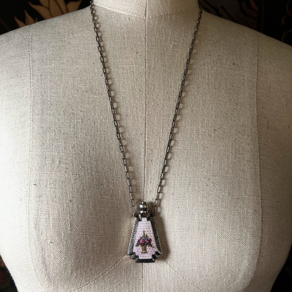 Art Deco Silver Guilloche Enamel Purple Perfume Bottle Necklace