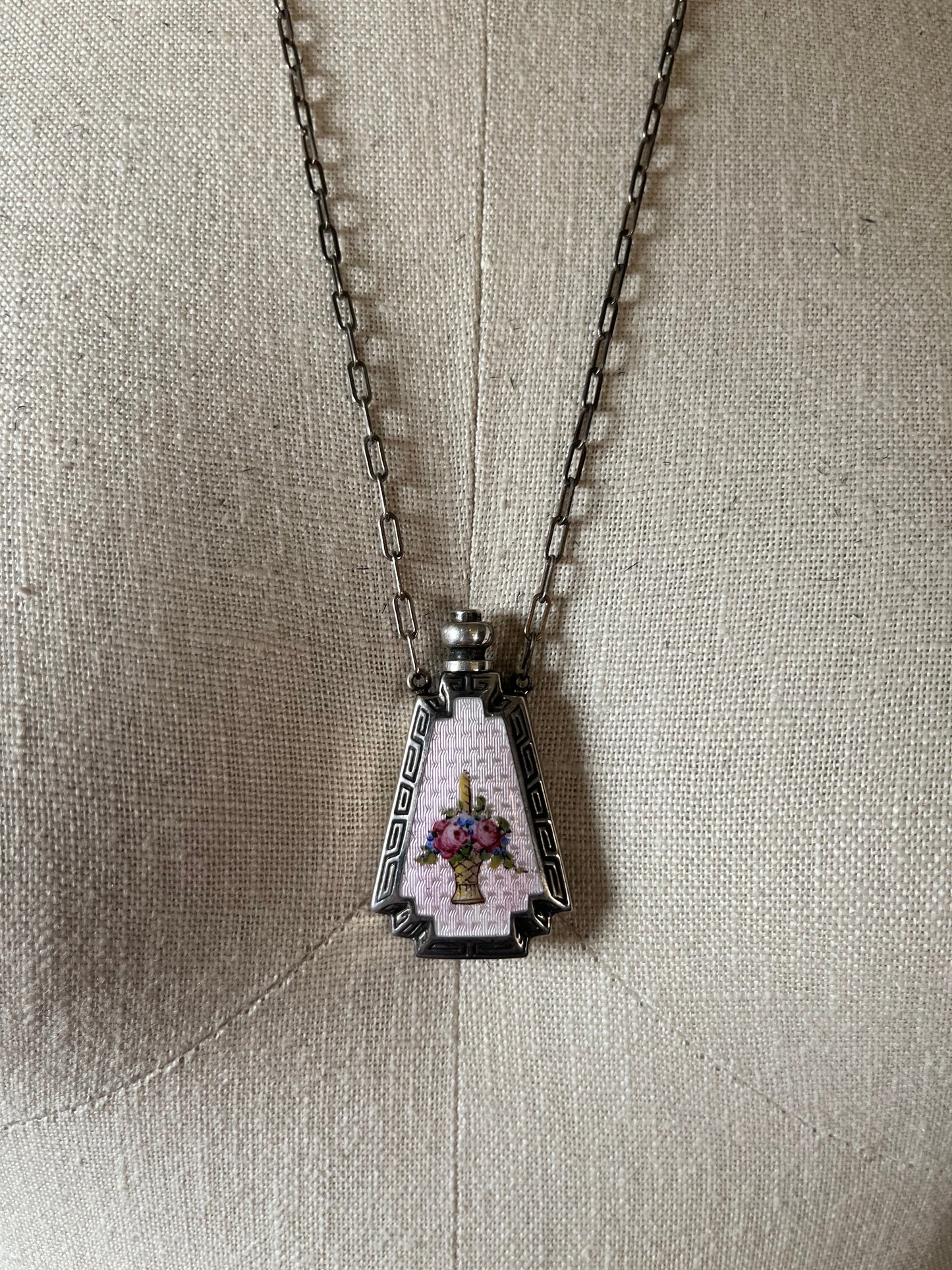 Art Deco Silver Guilloche Enamel Purple Perfume Bottle Necklace