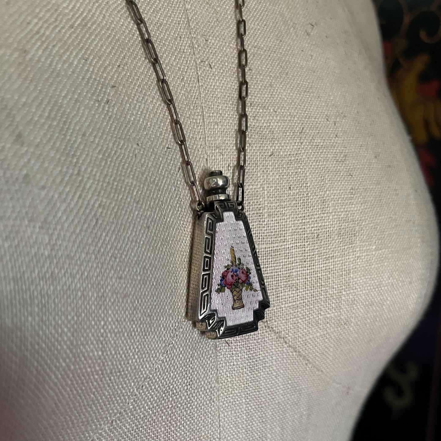 Art Deco Silver Guilloche Enamel Purple Perfume Bottle Necklace