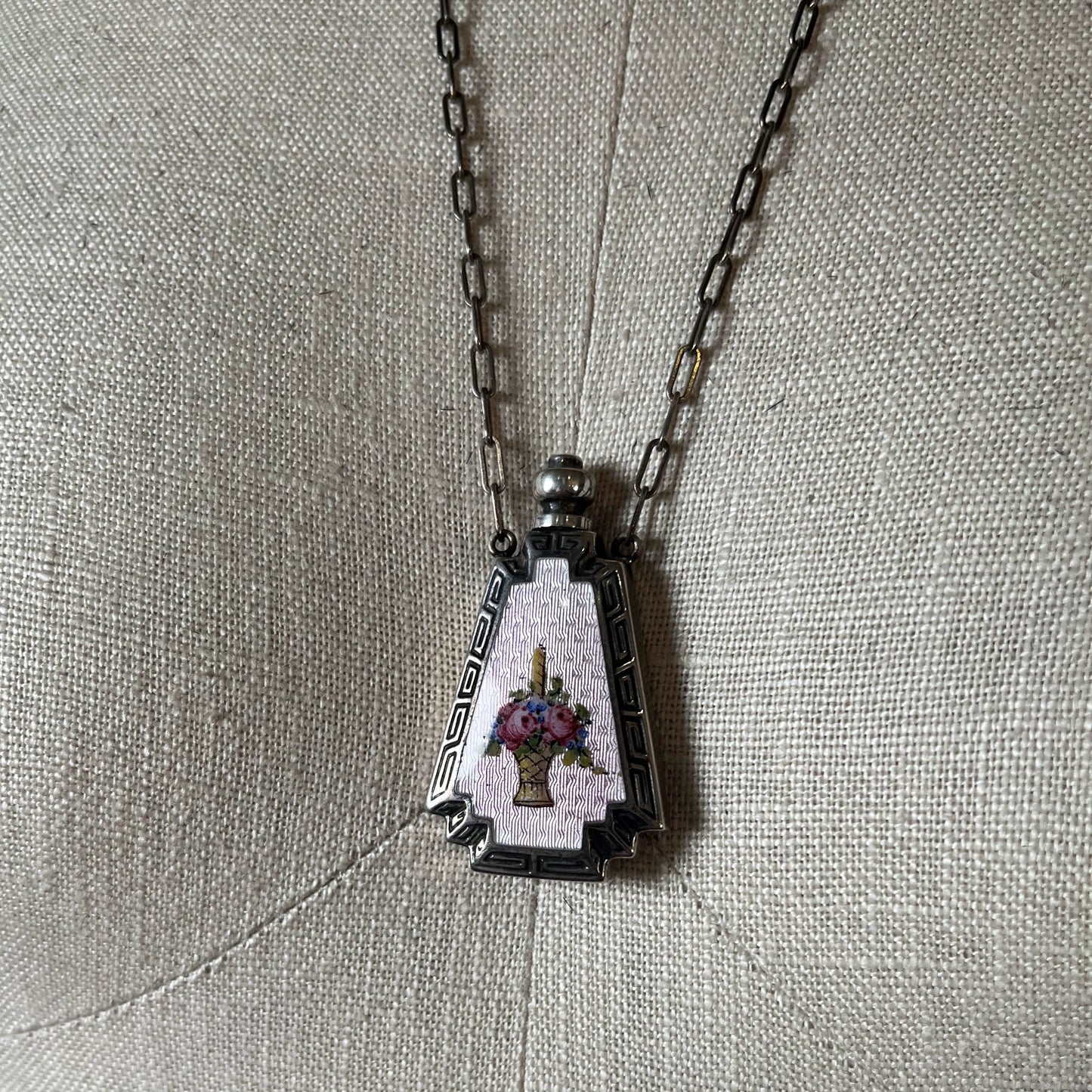 Art Deco Silver Guilloche Enamel Purple Perfume Bottle Necklace