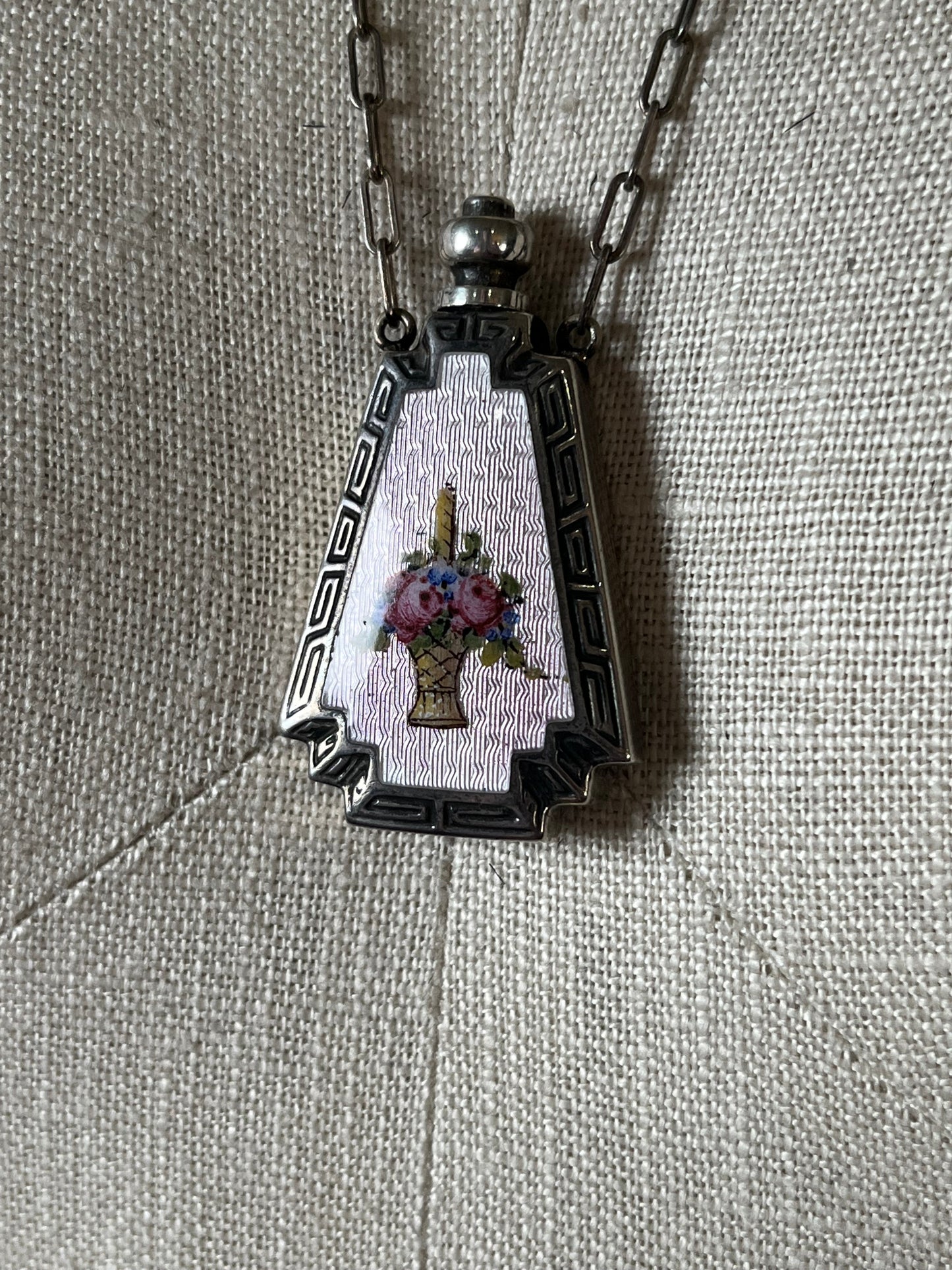 Art Deco Silver Guilloche Enamel Purple Perfume Bottle Necklace