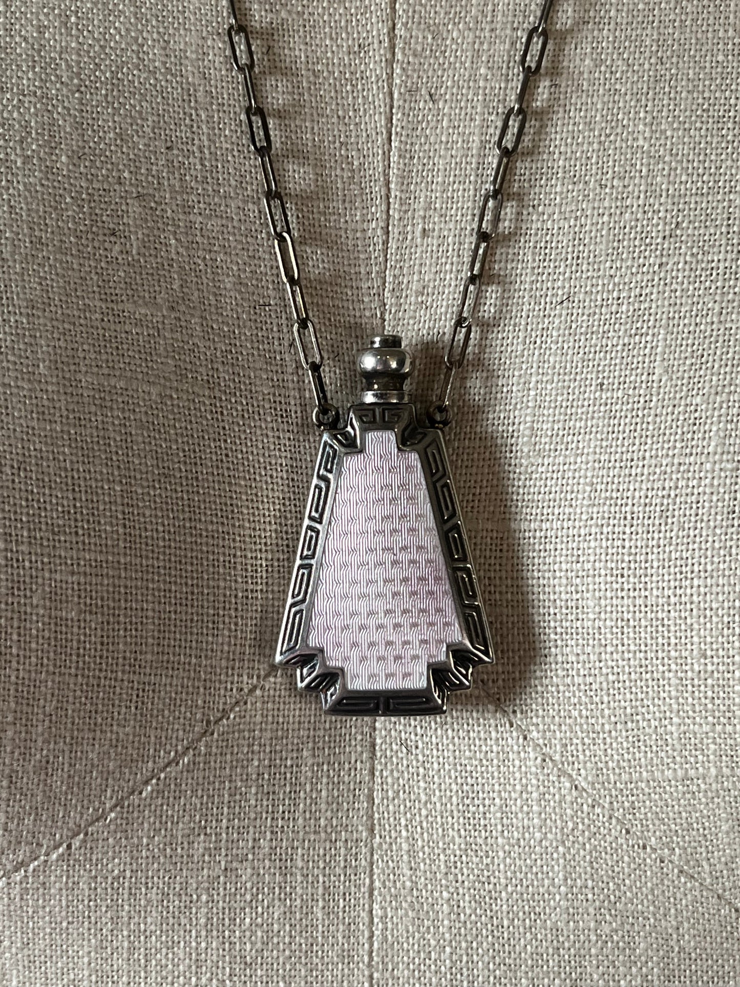 Art Deco Silver Guilloche Enamel Purple Perfume Bottle Necklace