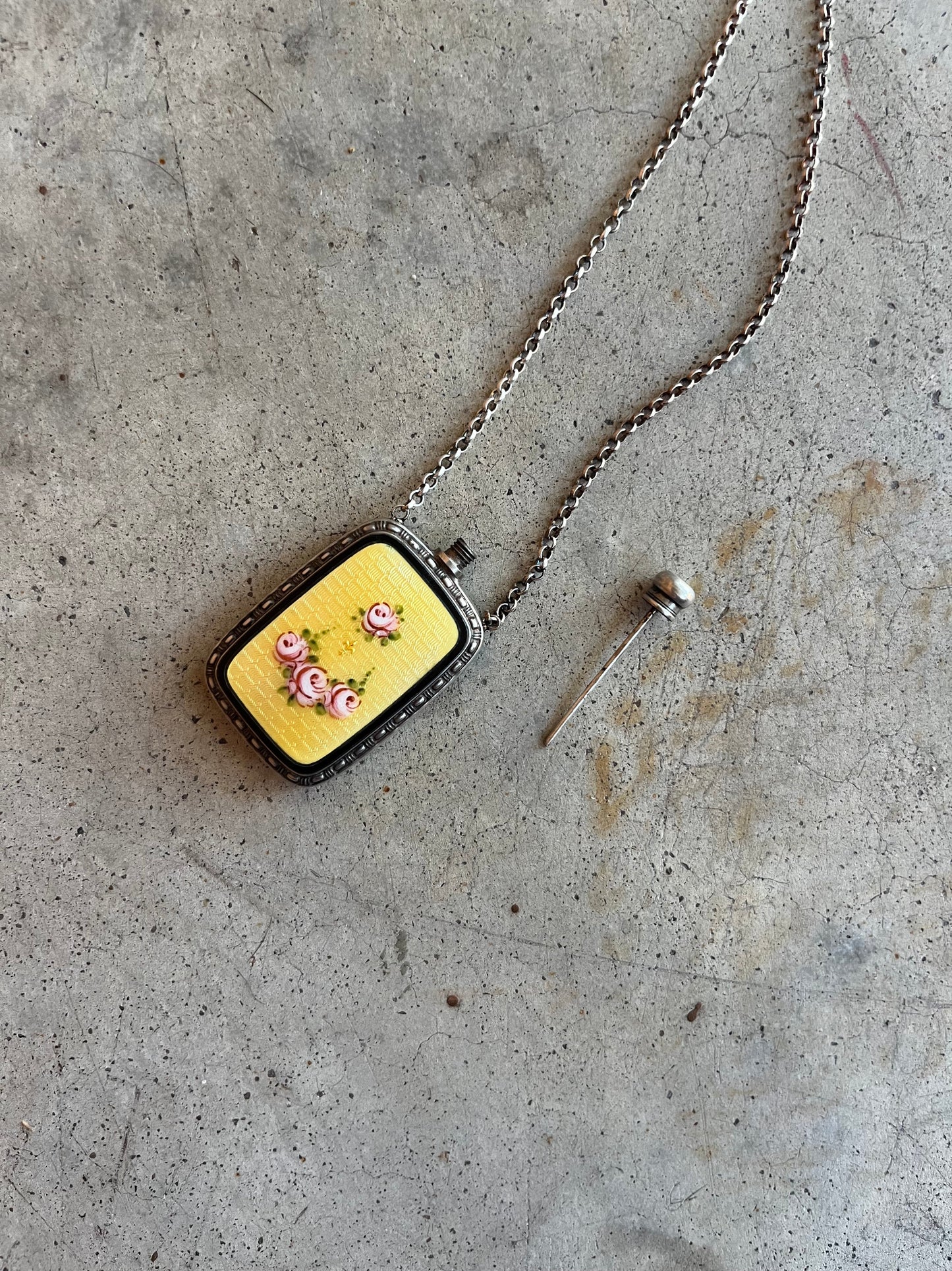 Art Deco Silver Guilloche Enamel Yellow Perfume Bottle Necklace