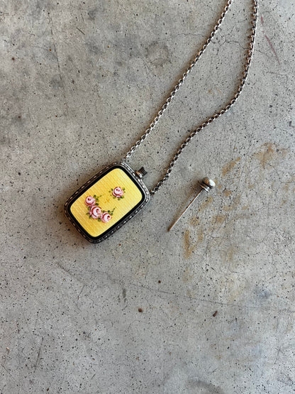 Art Deco Silver Guilloche Enamel Yellow Perfume Bottle Necklace