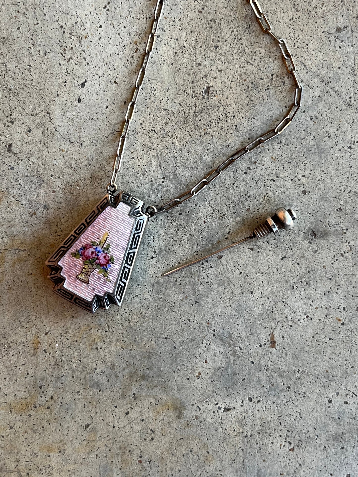 Art Deco Silver Guilloche Enamel Purple Perfume Bottle Necklace