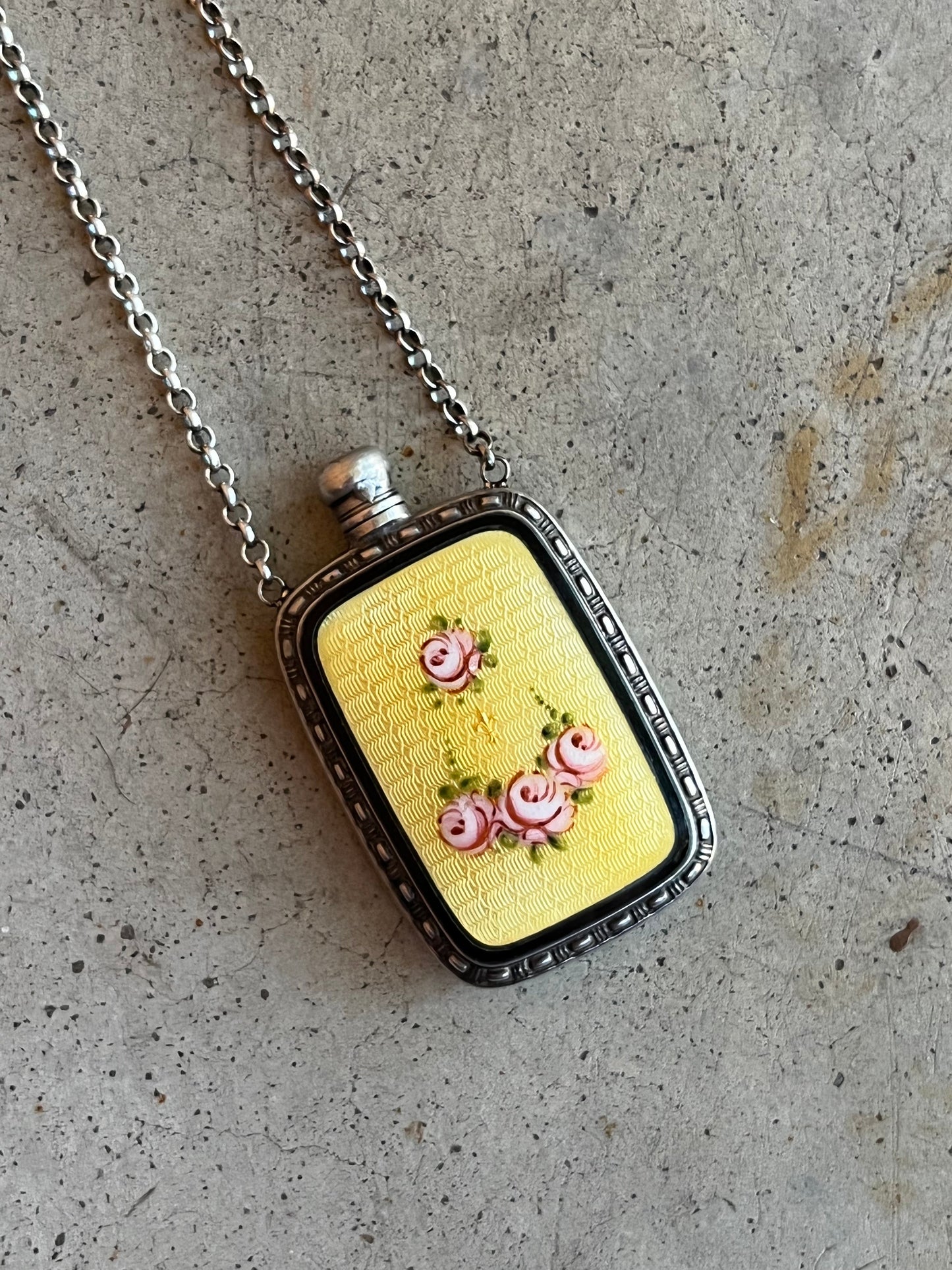 Art Deco Silver Guilloche Enamel Yellow Perfume Bottle Necklace