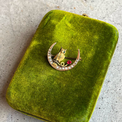 c. 1890s Crescent Moon Owl Brooch