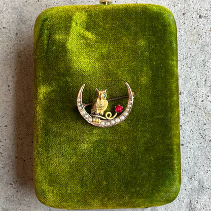 c. 1890s Crescent Moon Owl Brooch