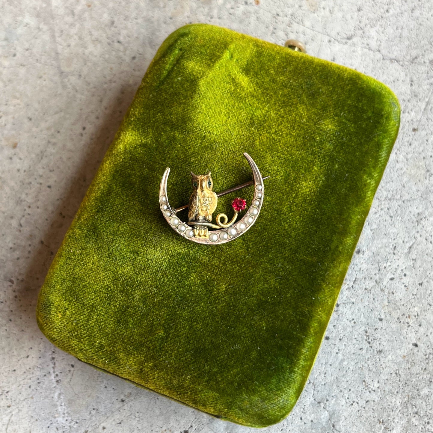 c. 1890s Crescent Moon Owl Brooch