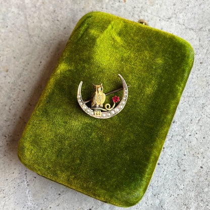 c. 1890s Crescent Moon Owl Brooch