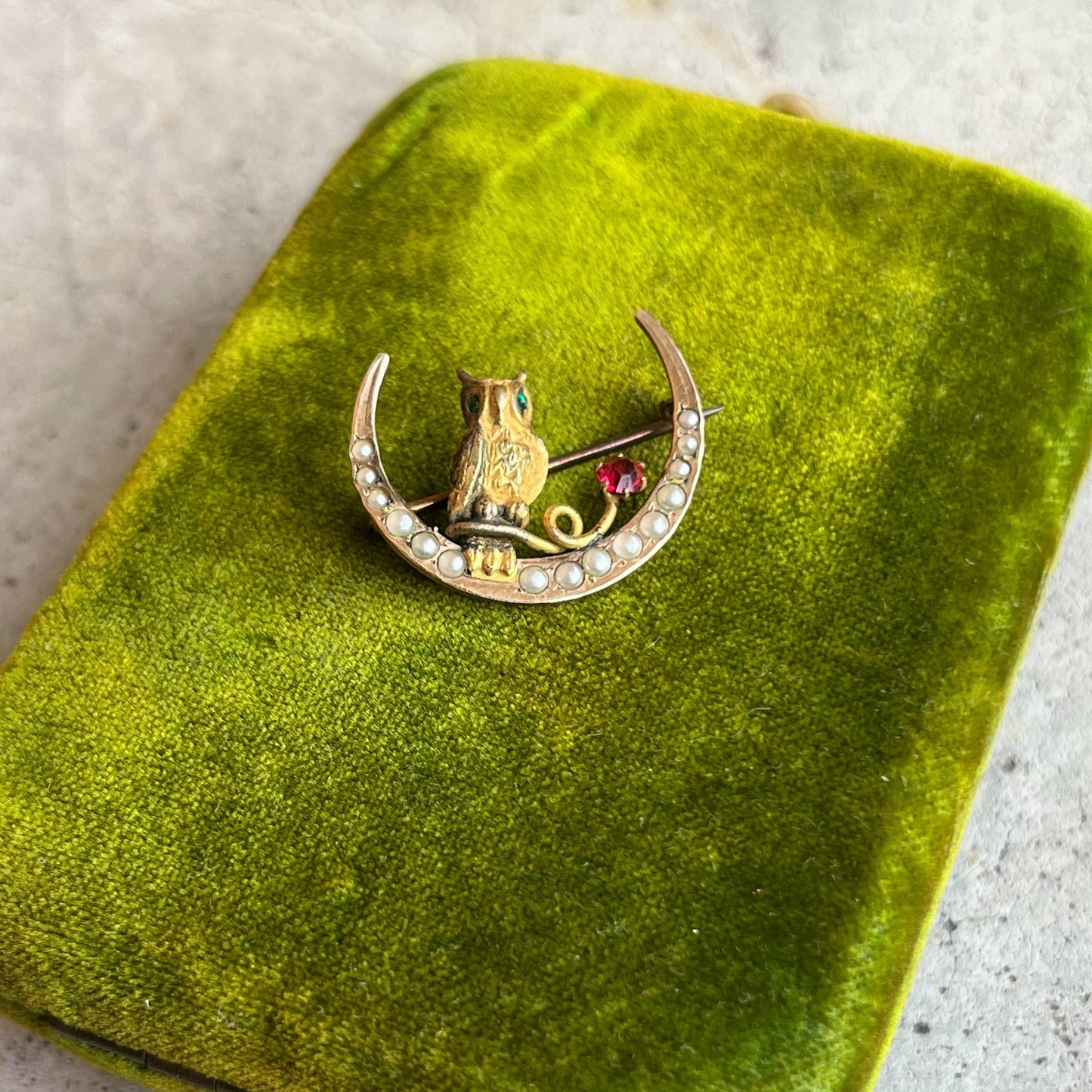 c. 1890s Crescent Moon Owl Brooch