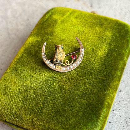 c. 1890s Crescent Moon Owl Brooch