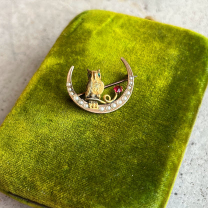 c. 1890s Crescent Moon Owl Brooch