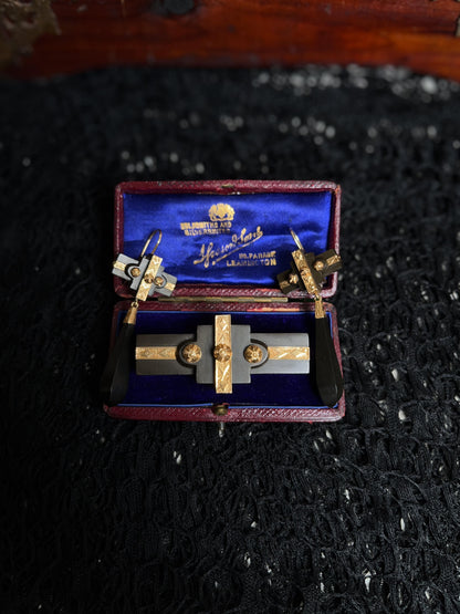 Victorian Vulcanite 14k Gold Demi Parure | Antique Jewelry Set