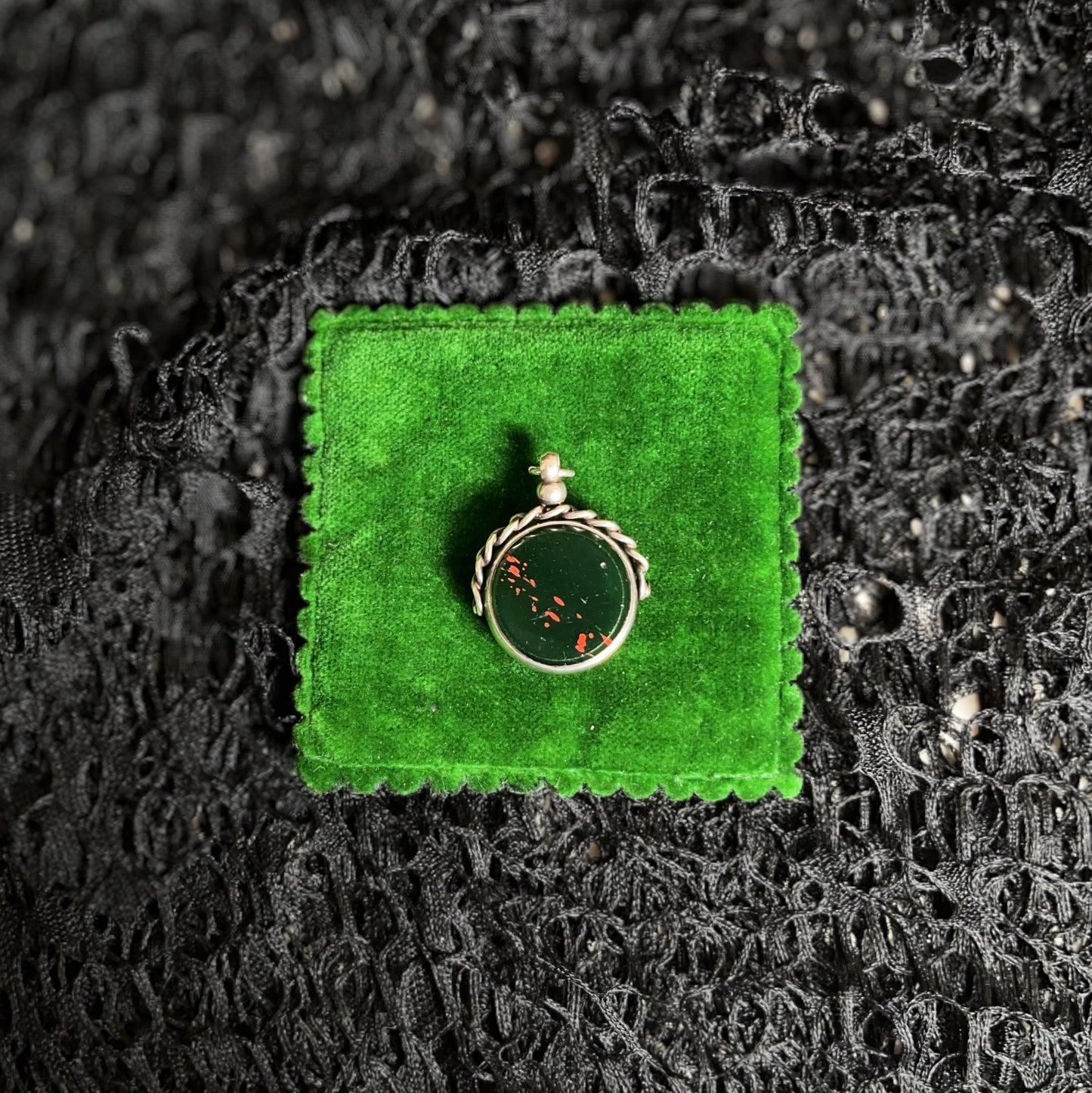 1920s Sterling Silver Bloodstone Fob Pendant | Antique Jewelry