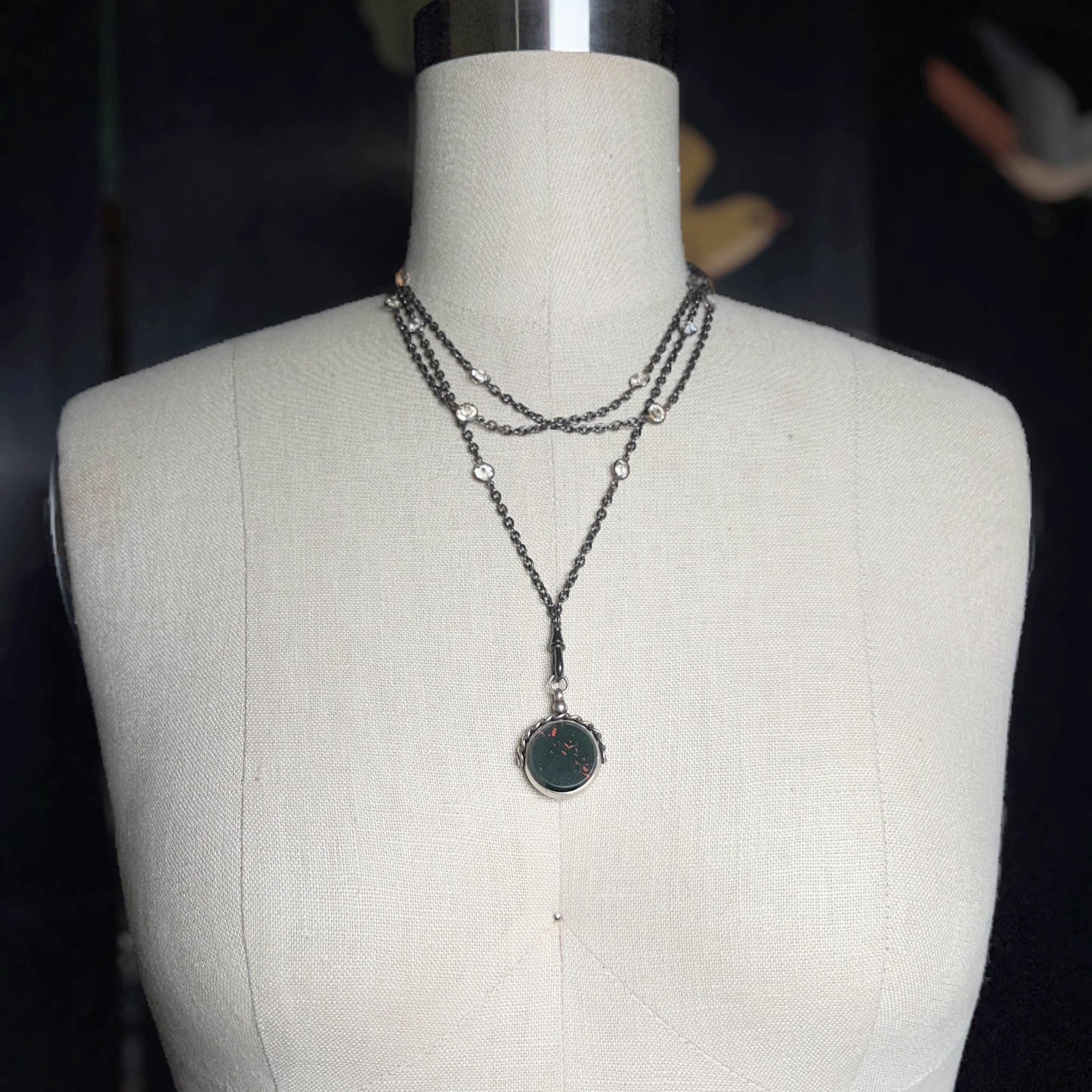 1920s Sterling Silver Bloodstone Fob Pendant | Antique Jewelry