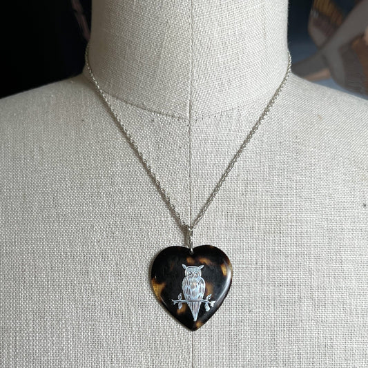 19th c. Tortoise Shell Heart Owl Necklace