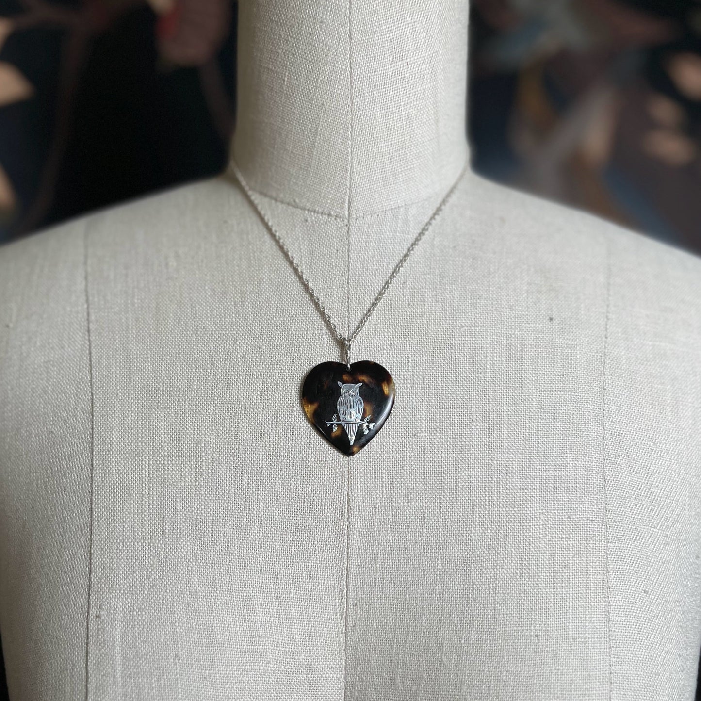 19th c. Tortoise Shell Heart Owl Necklace