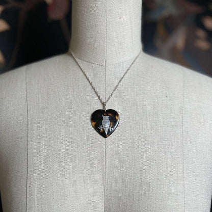 19th c. Tortoise Shell Heart Owl Necklace