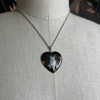 19th c. Tortoise Shell Heart Owl Necklace