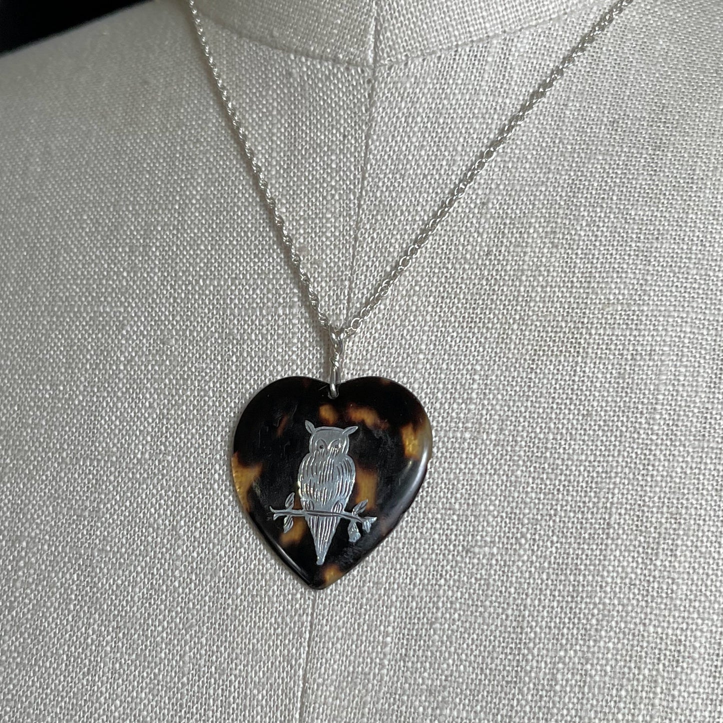19th c. Tortoise Shell Heart Owl Necklace