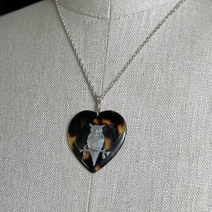 19th c. Tortoise Shell Heart Owl Necklace