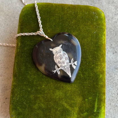 19th c. Tortoise Shell Heart Owl Necklace