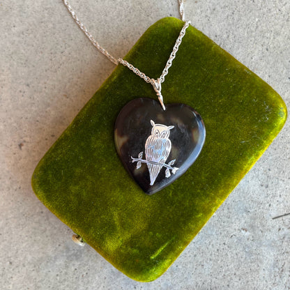 19th c. Tortoise Shell Heart Owl Necklace