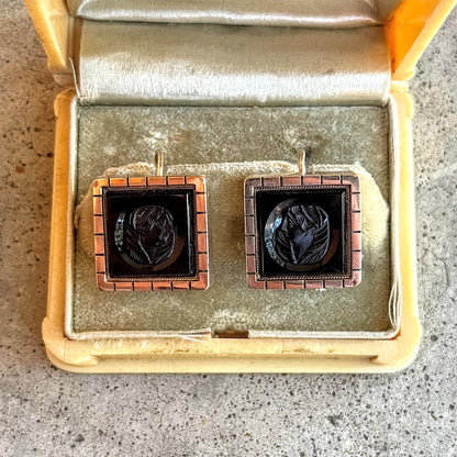 c. 1870s Gold Filled Carved Onyx Earrings