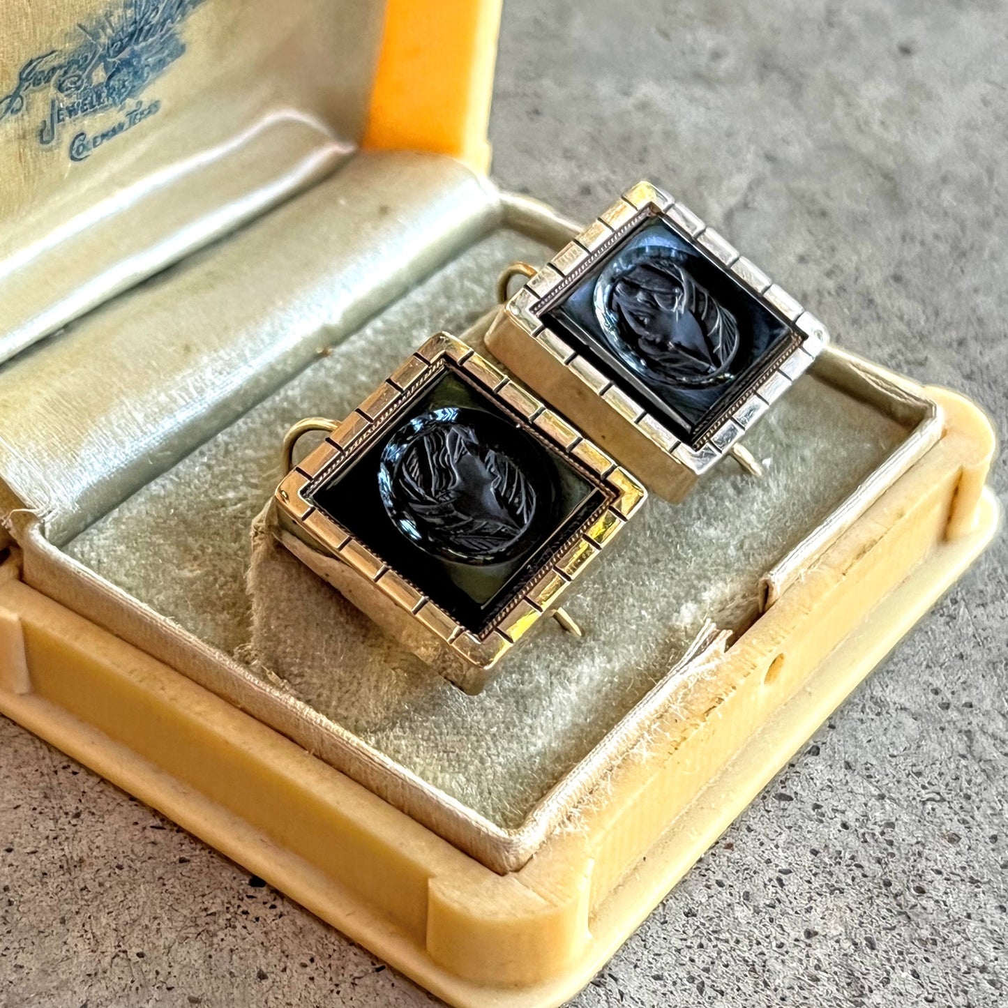 c. 1870s Gold Filled Carved Onyx Earrings