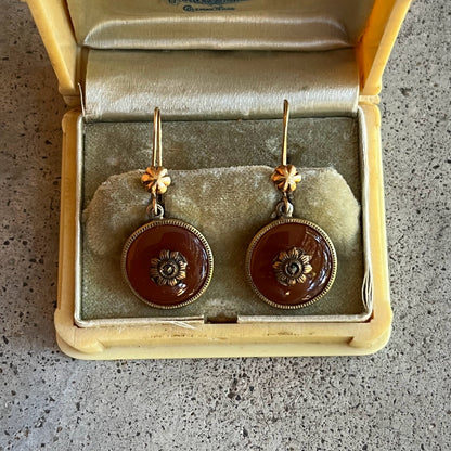 c. 1940s Carnelian Marcasite Flower Earrings