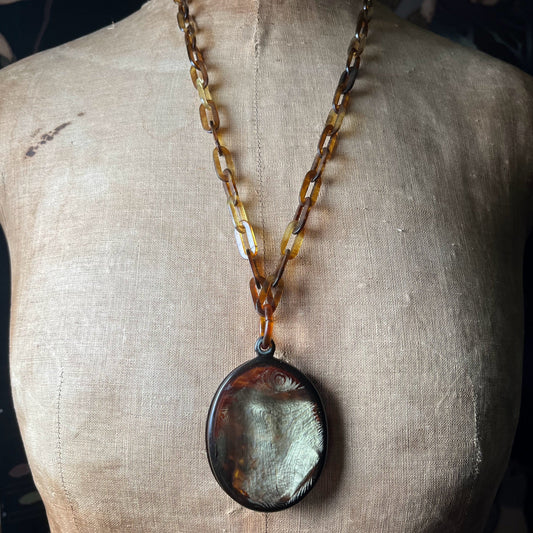 c. 1890s Faux Tortoise Shell Slide Locket + Chain