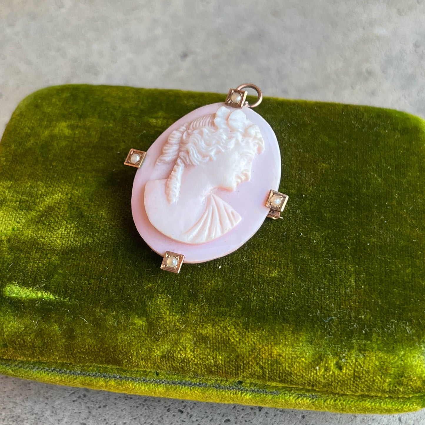 c. 1920s 10k Gold Angel Skin Coral Pendant + Brooch