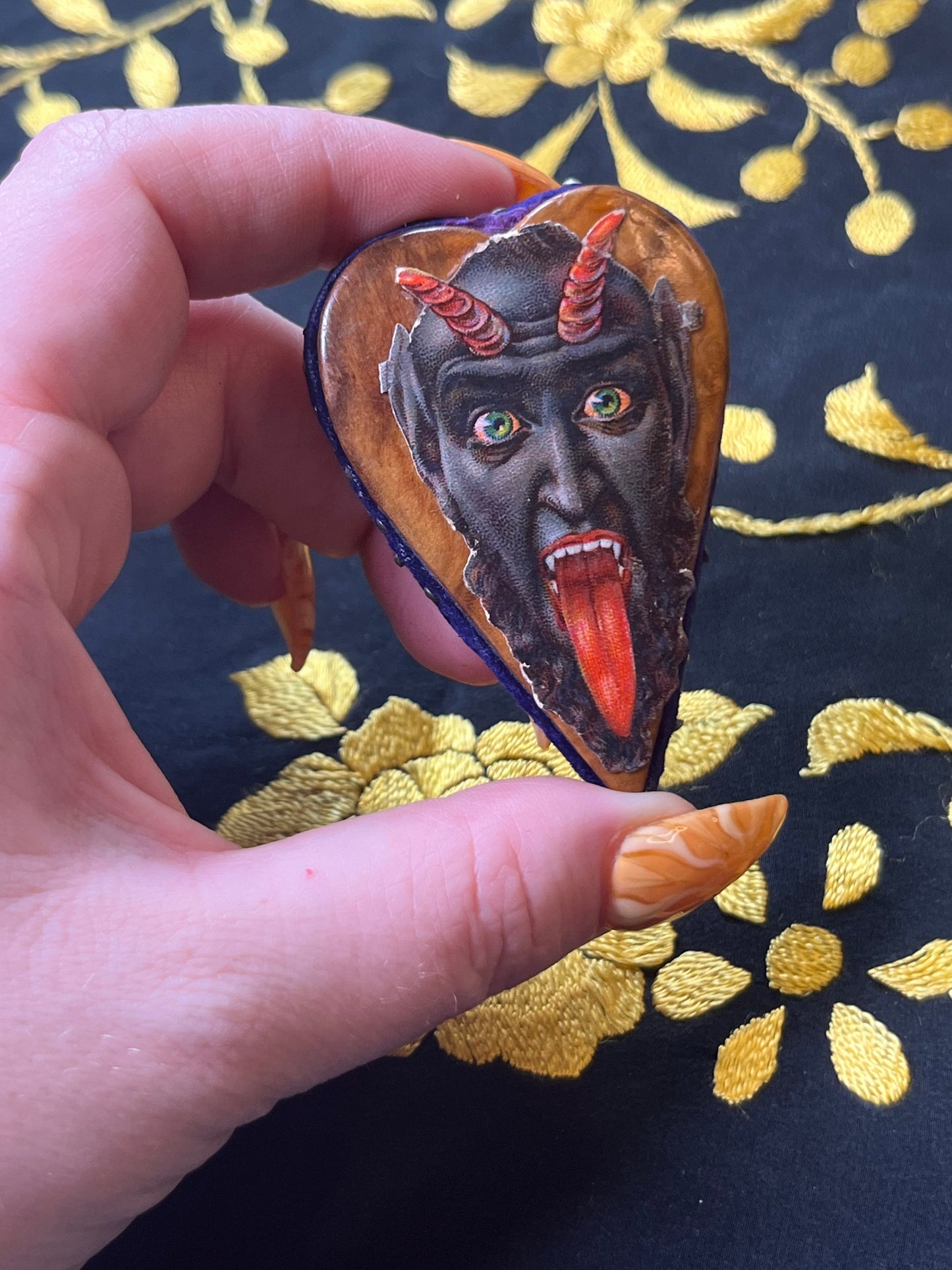 Victorian Mauchline Ware Heart Pincushion with Krampus