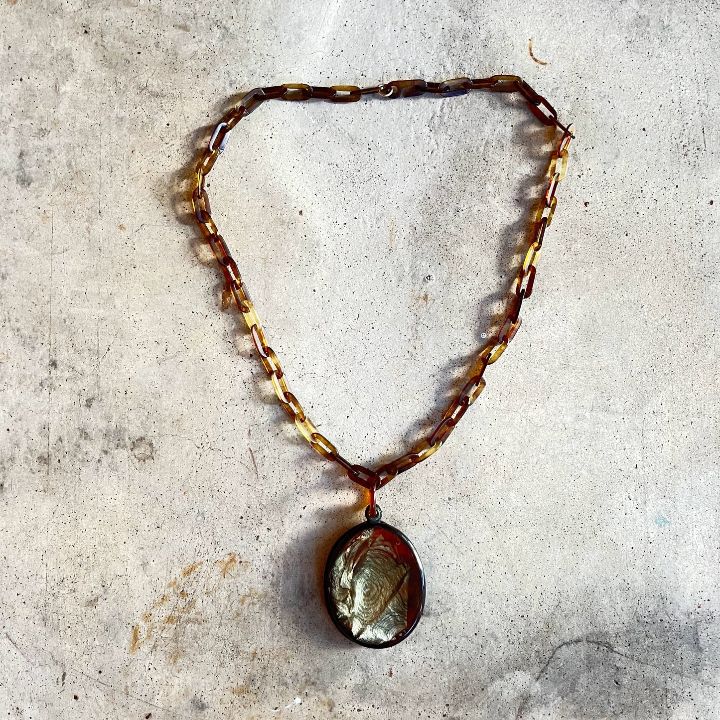 c. 1890s Faux Tortoise Shell Slide Locket + Chain