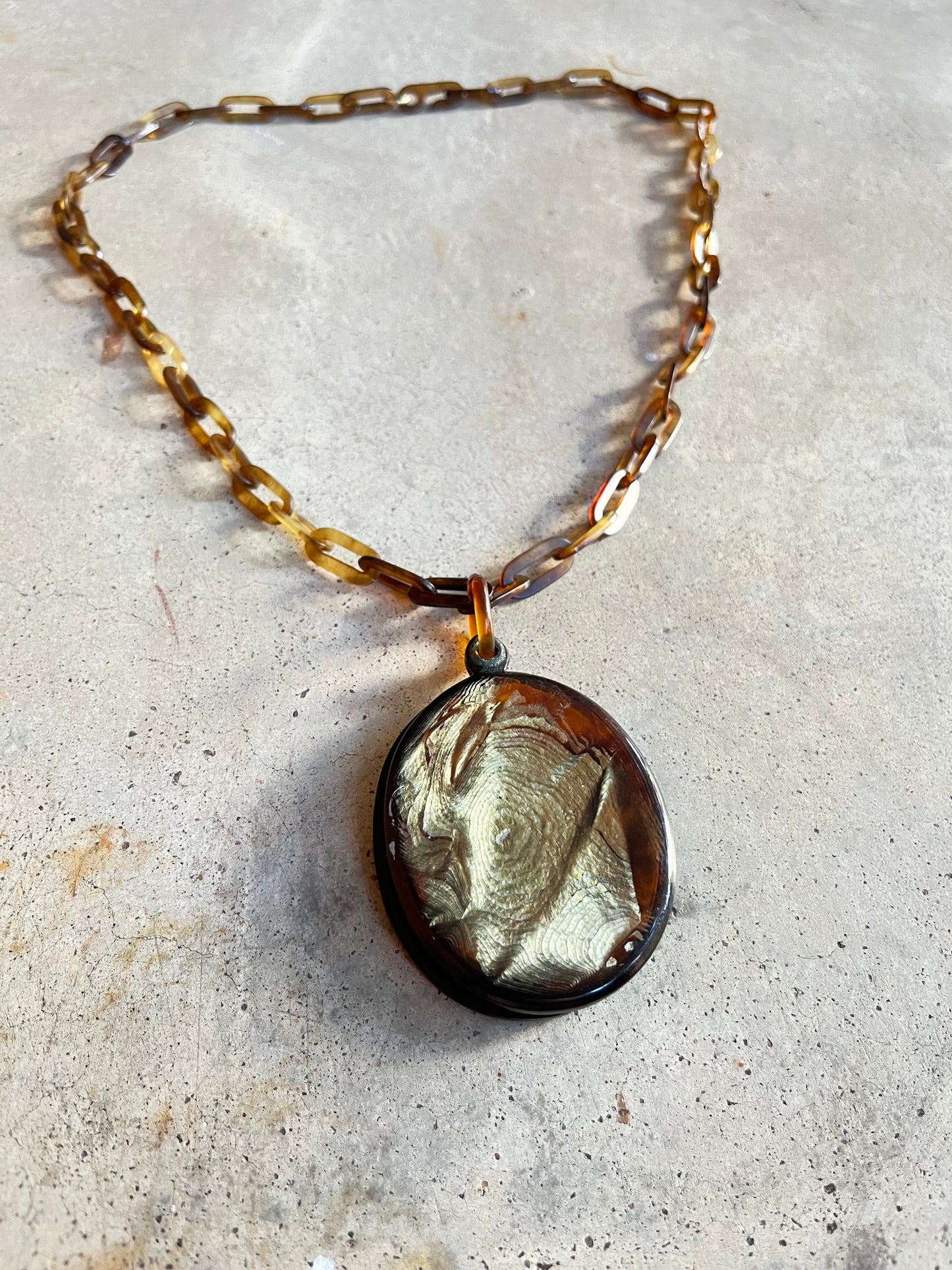 c. 1890s Faux Tortoise Shell Slide Locket + Chain