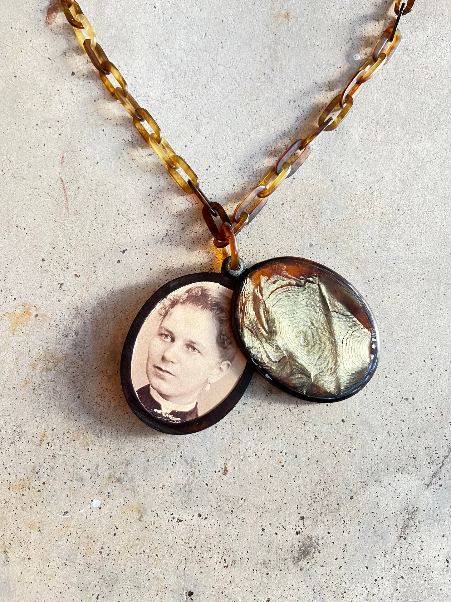 c. 1890s Faux Tortoise Shell Slide Locket + Chain