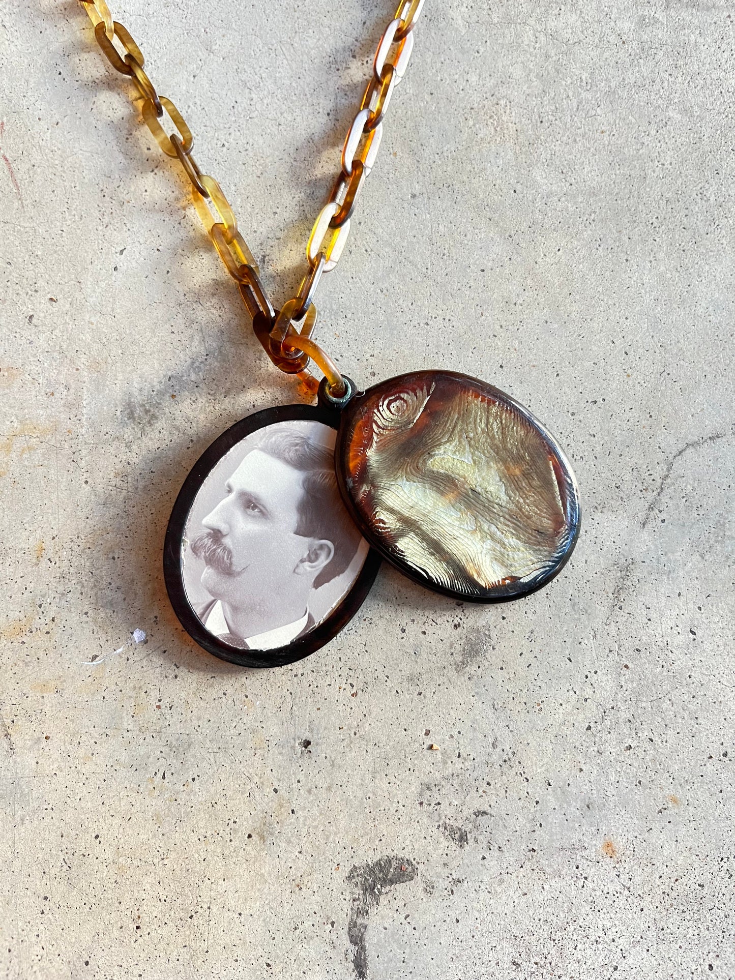 c. 1890s Faux Tortoise Shell Slide Locket + Chain
