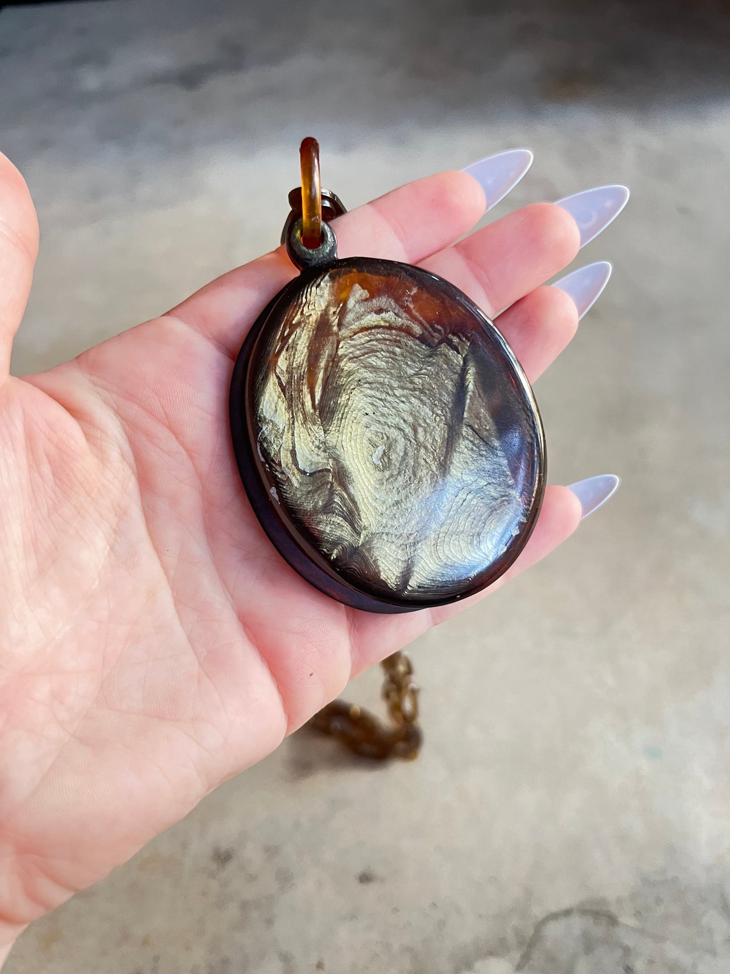 c. 1890s Faux Tortoise Shell Slide Locket + Chain