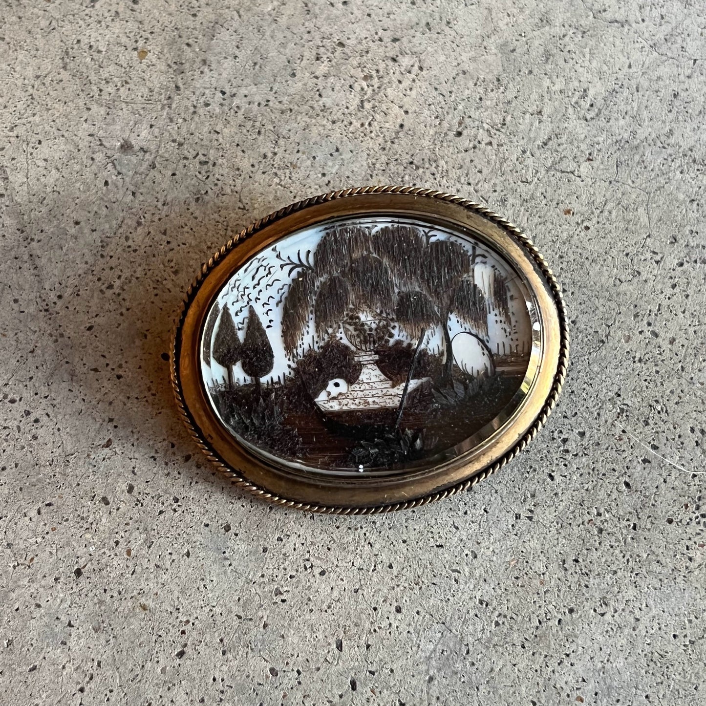 19th c. Hair Mourning Scene Brooch
