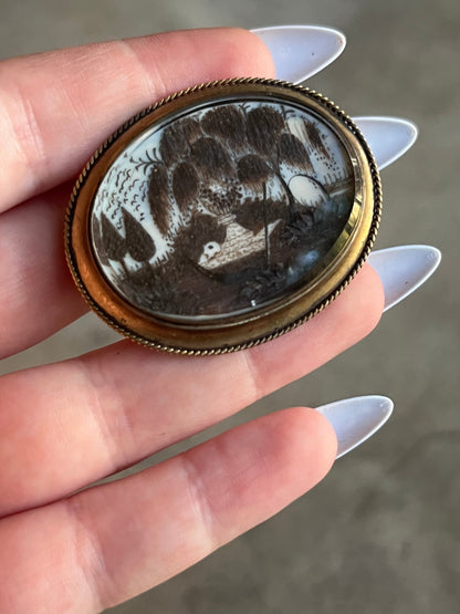 19th c. Hair Mourning Scene Brooch