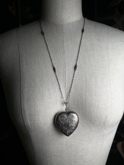 c. 1910s-1920s Sterling Silver Heart Compact Necklace
