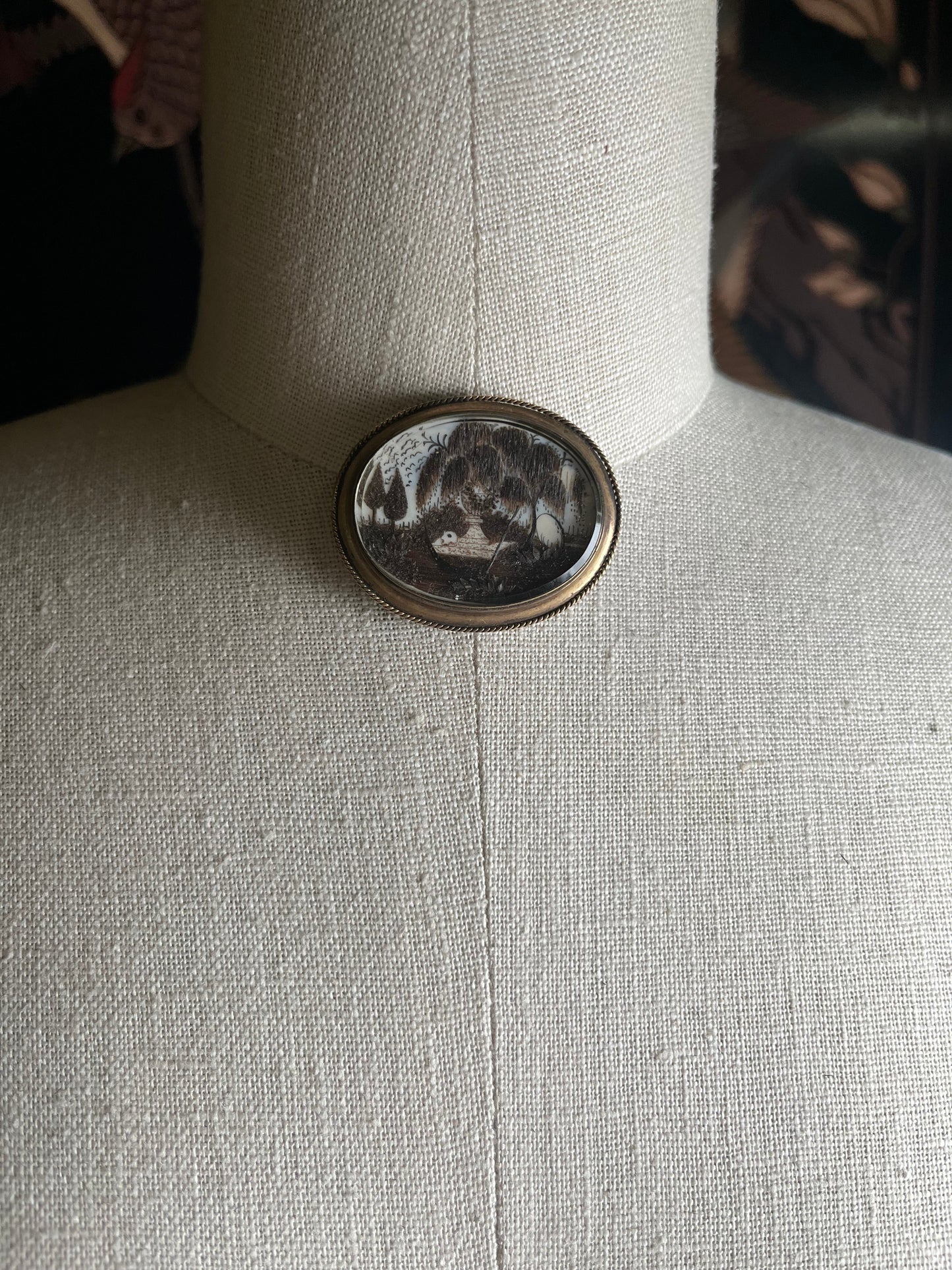 19th c. Hair Mourning Scene Brooch