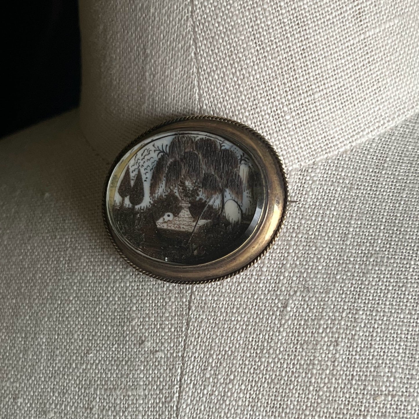 19th c. Hair Mourning Scene Brooch
